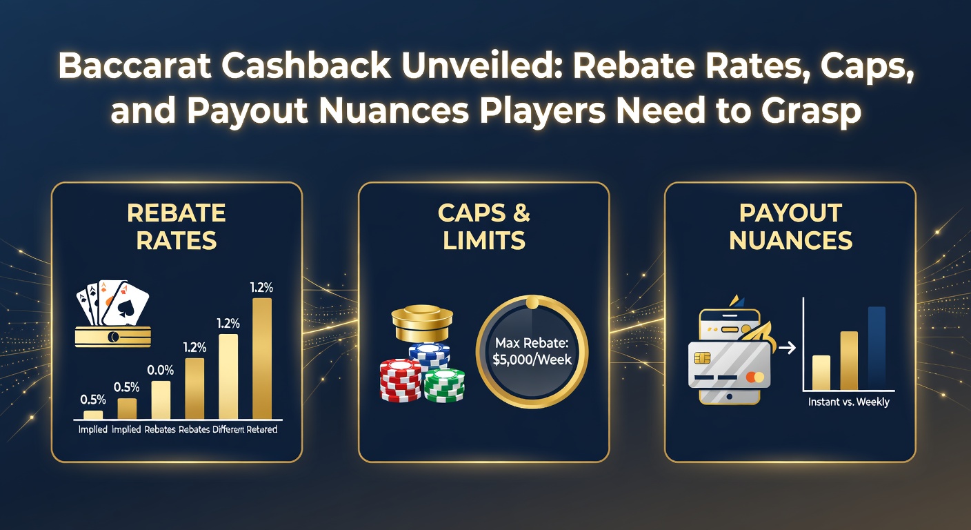 Digital graphic showing baccarat table with cashback rebate charts, percentage icons, and payout timelines overlayed on casino chips