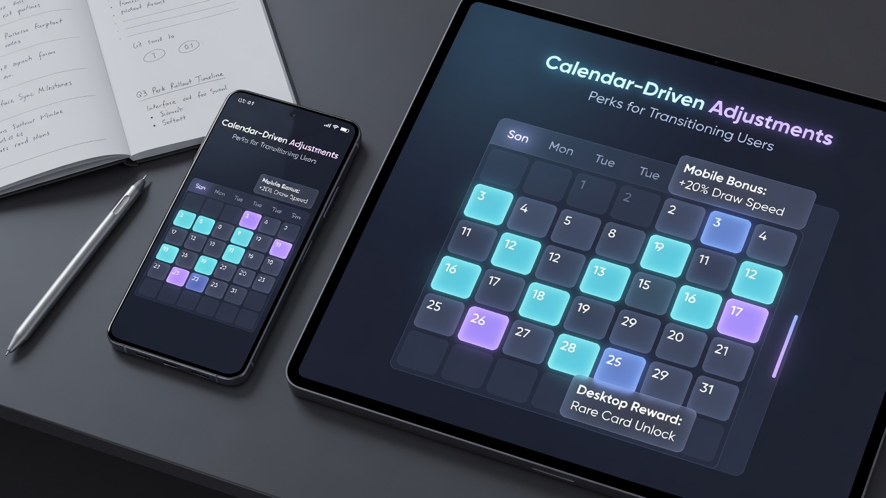 Calendar interface displaying perk reset dates during mobile device handoff in card game applications