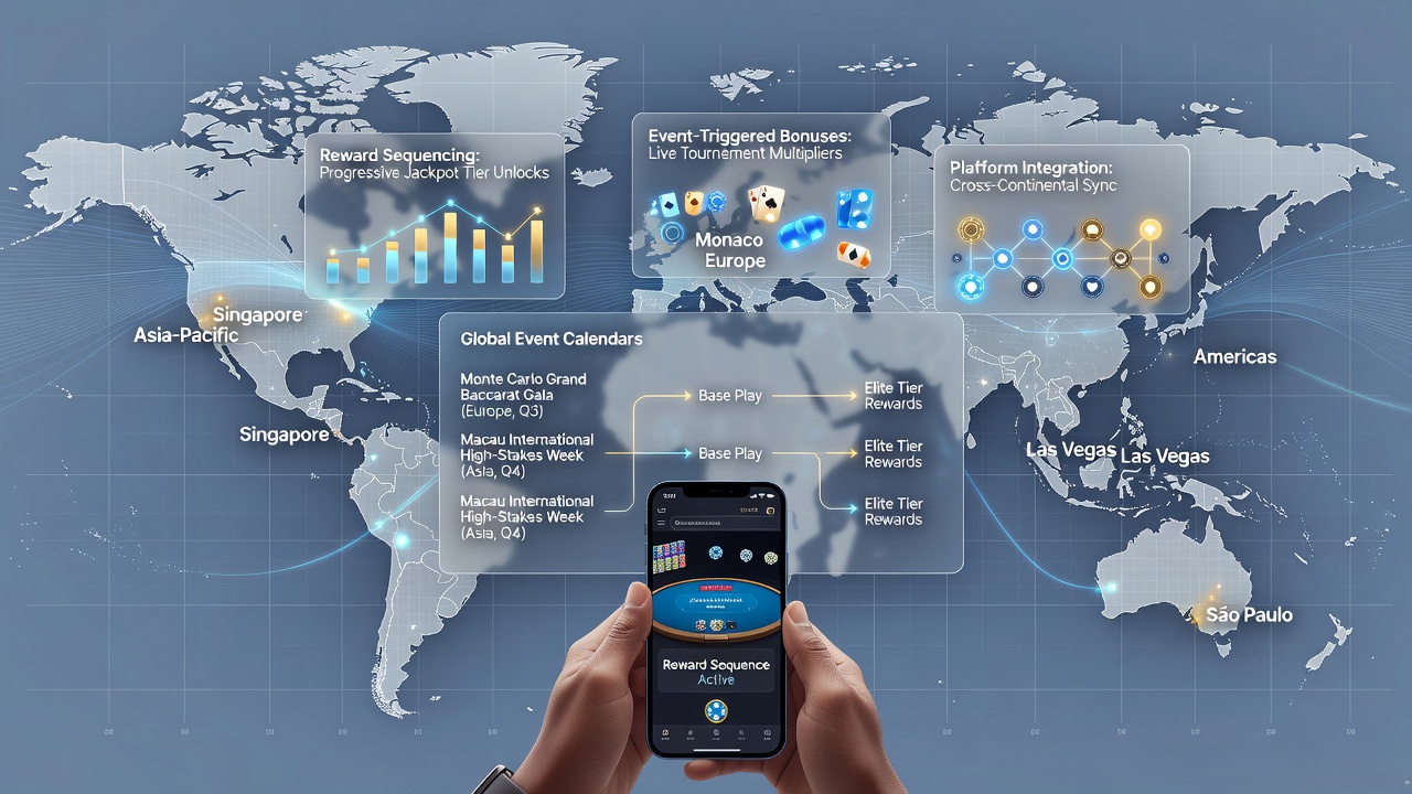 Global event calendars displayed alongside mobile baccarat interfaces showing reward timing patterns across regions