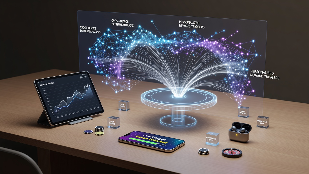 Illustration showing players transitioning between smartphones, tablets, and laptops while engaging with live table games and reward notifications