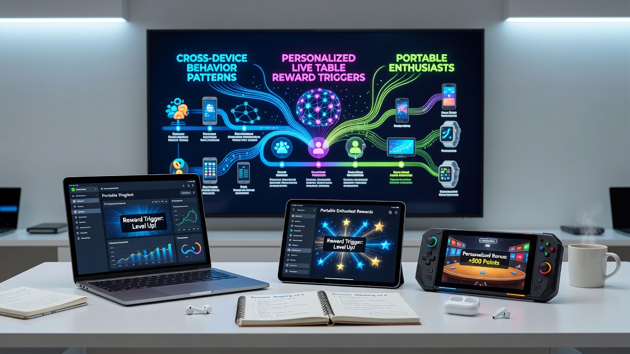 Data visualization of player device transitions and corresponding reward trigger activations across mobile and desktop platforms