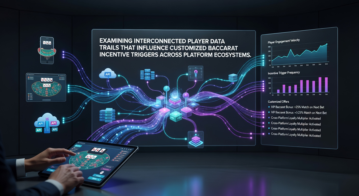 Visual representation of player data trails flowing across multiple gaming platforms and influencing baccarat incentives
