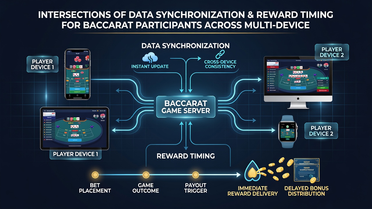 Illustration of data synchronization flows linking baccarat tables with mobile reward notifications