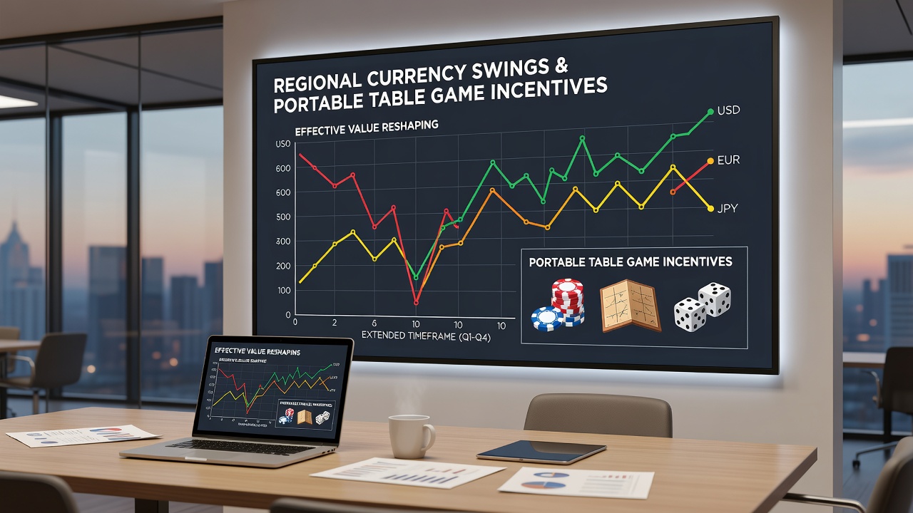 Travelers using portable devices at border crossings with currency fluctuation graphics and table game interfaces visible