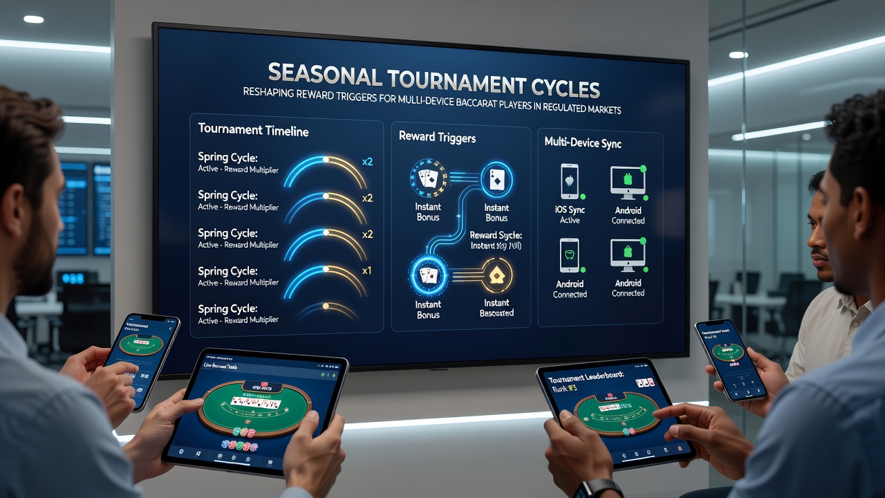 Multi-device baccarat setup displaying synchronized play on tablet and smartphone during a live tournament in a regulated market