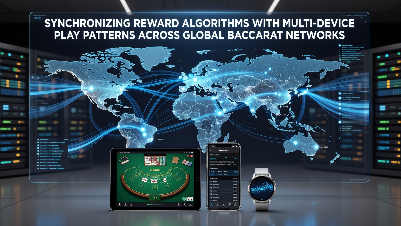 Diagram showing reward algorithm synchronization across mobile, tablet, and desktop devices in global baccarat networks