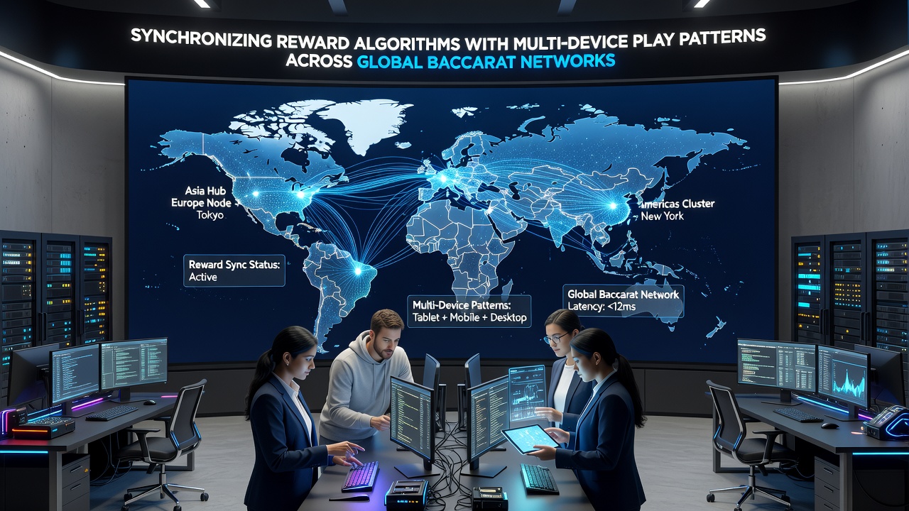 Illustration of data flow between global baccarat servers and player devices for reward synchronization
