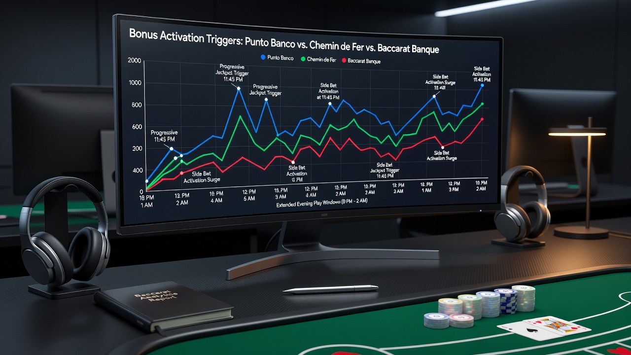 Baccarat table setup during evening hours with players monitoring bonus indicators on digital displays