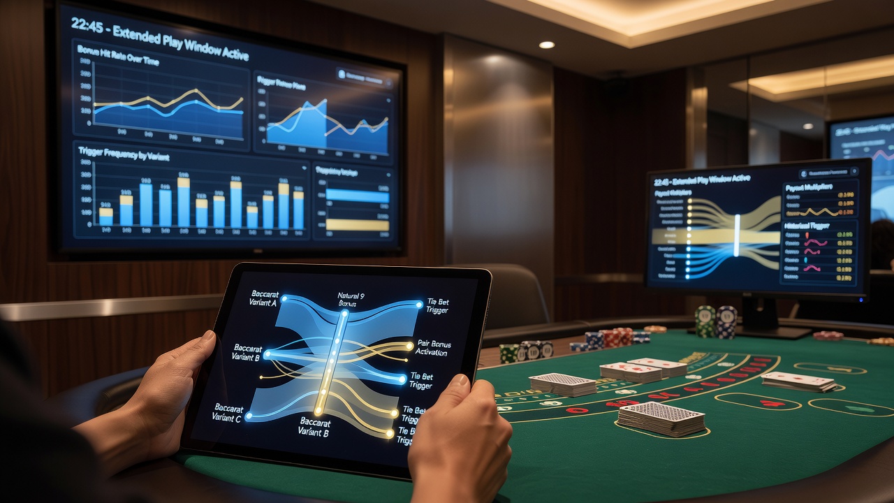 Digital interface displaying real-time bonus activation metrics for different baccarat game types