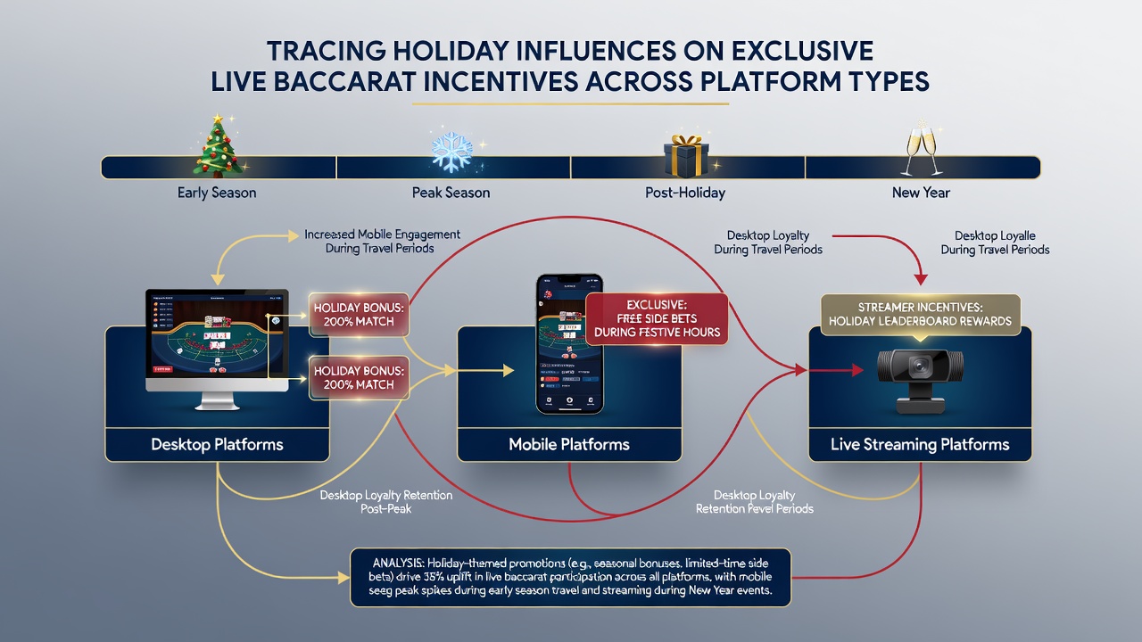 Mobile device displaying live baccarat interface alongside desktop screen showing holiday bonus notifications
