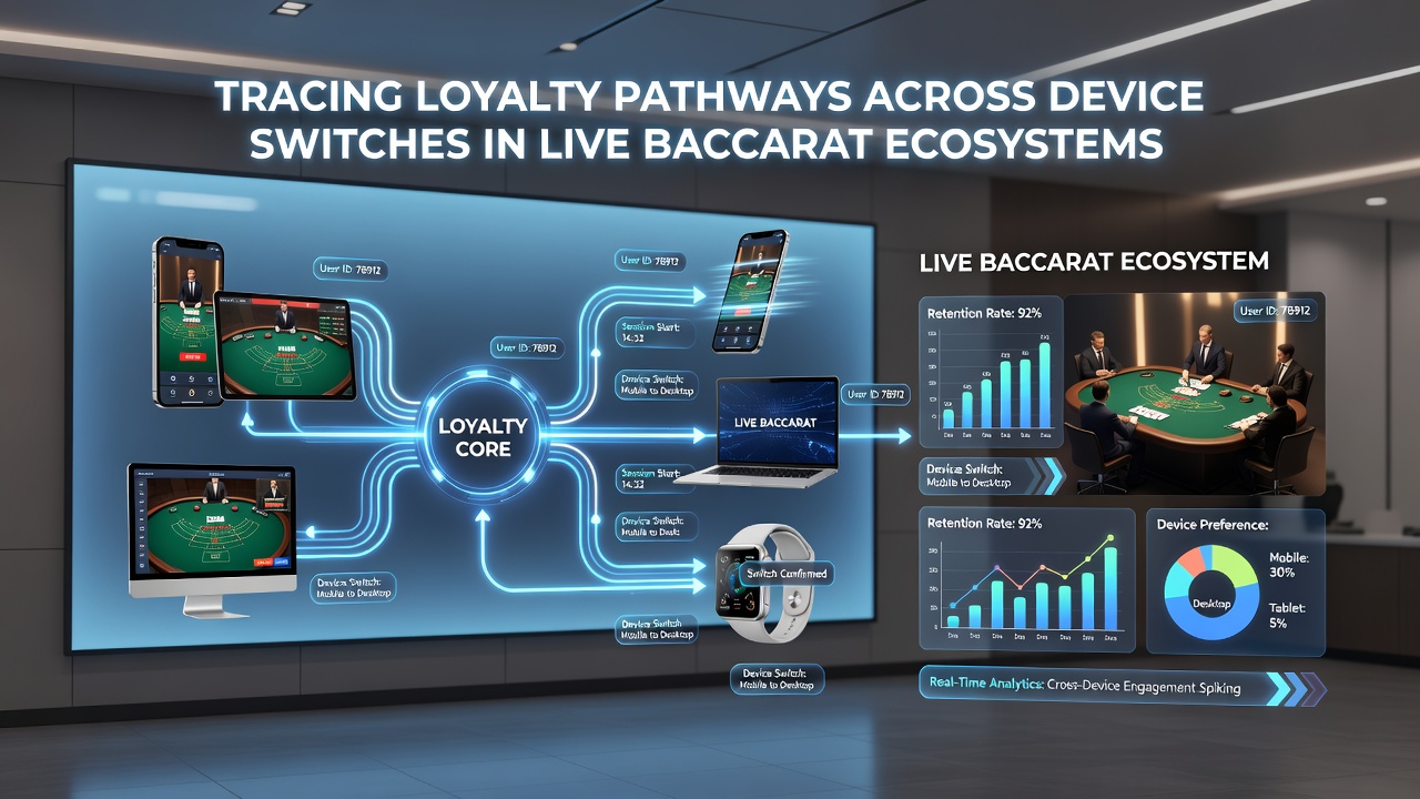 Analytics dashboard displaying loyalty pathways and device switch data for live baccarat participants
